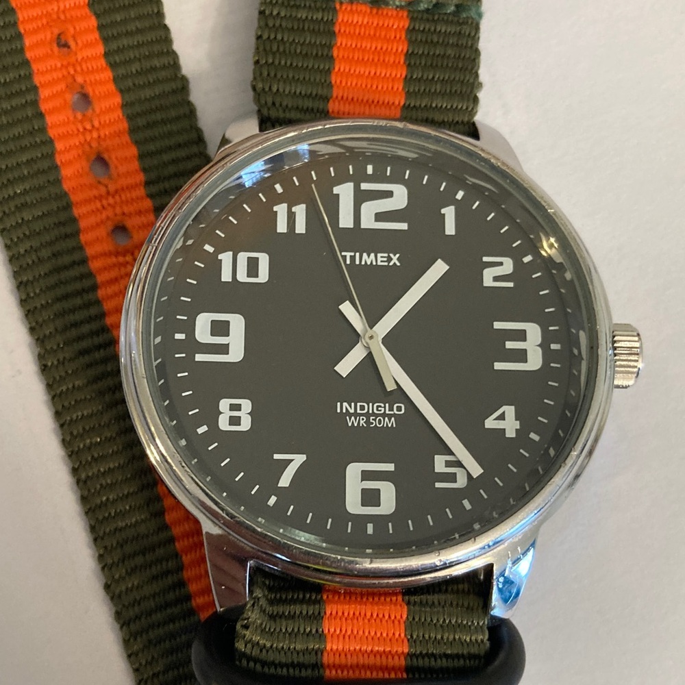 Timex Indiglo watch, black dial, new olive green and orange striped nato strap - Picture 2 of 11